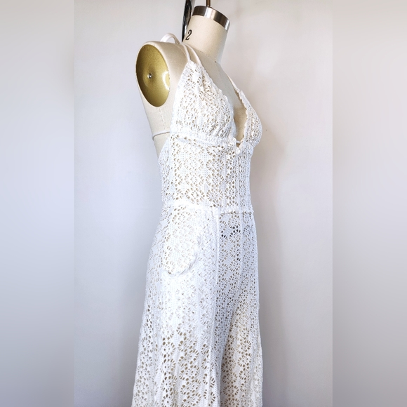 Free People Lace Ivory Jumpsuit Halter See Through Pockets Wide Legs w/ Slits S - Picture 10 of 15